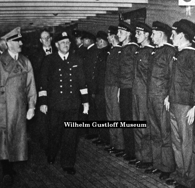 Adolf Hitler visits the Wilhelm Gustloff transport ship, captain Carl Lübbe presents him the crew on the lower promenade deck